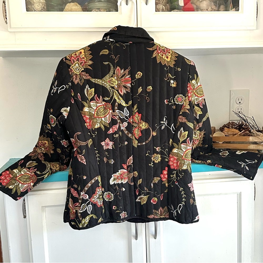 Quilted Silk Artisan Jacket Small Petite Black Floral Coat Boho Quiet Luxury - Picture 2 of 8